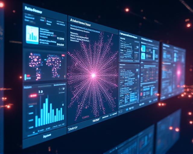Enterprise AI transformation dashboard showing neural network visualisations and analytics